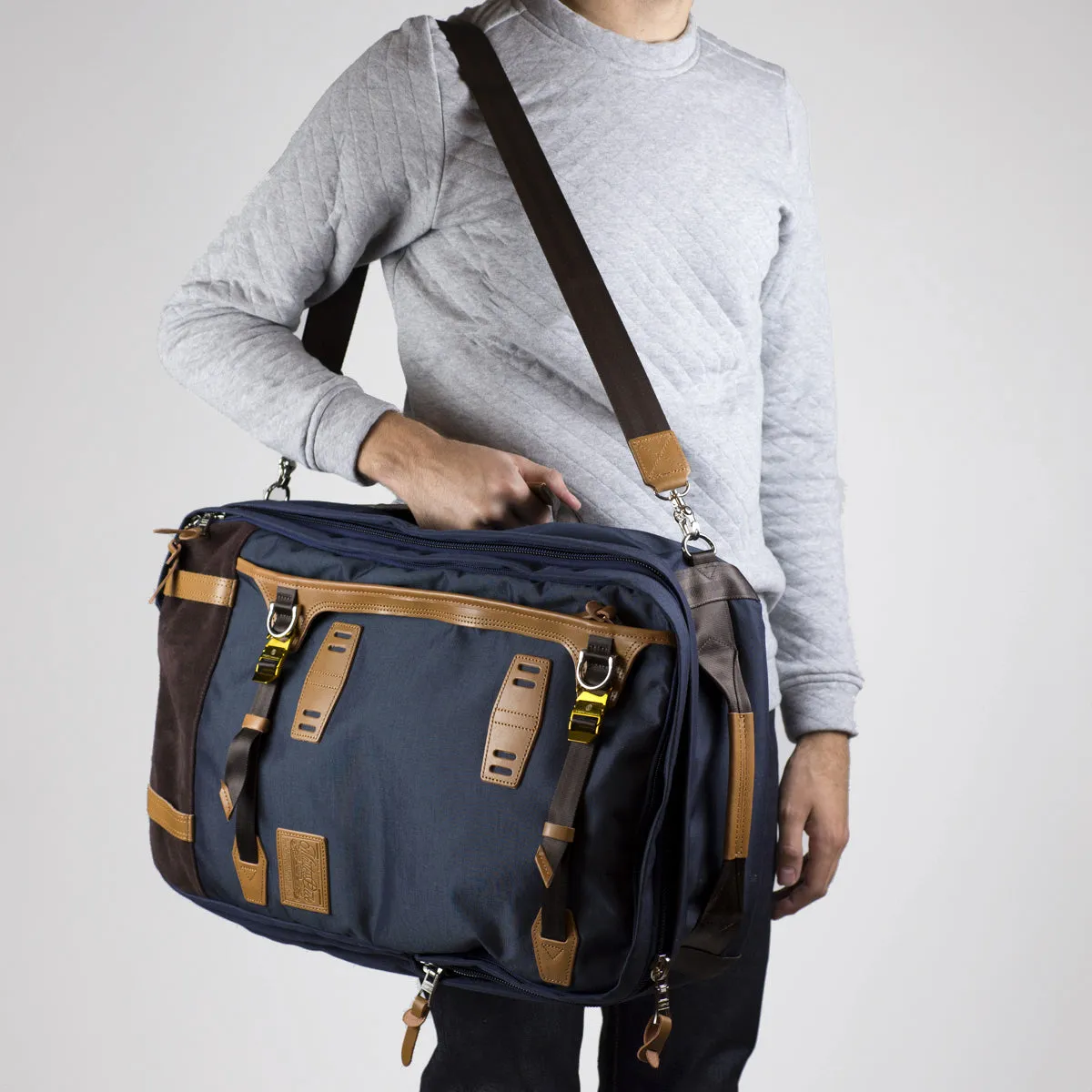 "Potential" backpack / overnighter, navy Cordura and tan leather