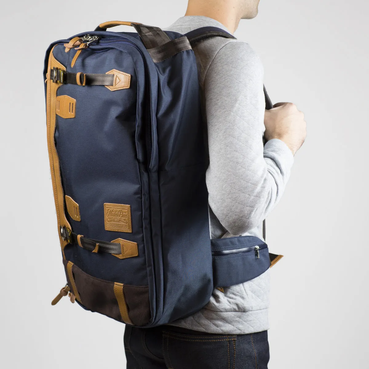 "Potential" backpack / overnighter, navy Cordura and tan leather
