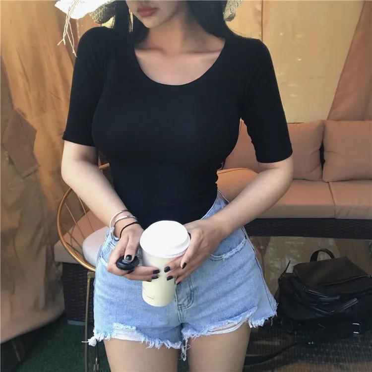Summer Sexy Elastic Korean Style Slim Fit Solid Colored Long Sleeve
