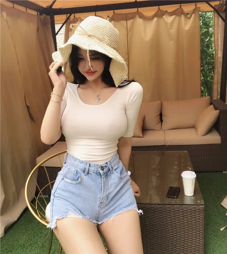 Summer Sexy Elastic Korean Style Slim Fit Solid Colored Long Sleeve