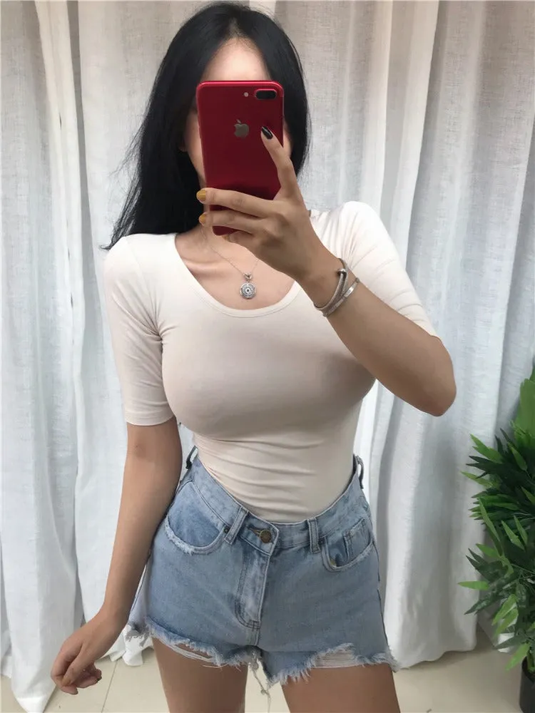 Summer Sexy Elastic Korean Style Slim Fit Solid Colored Long Sleeve
