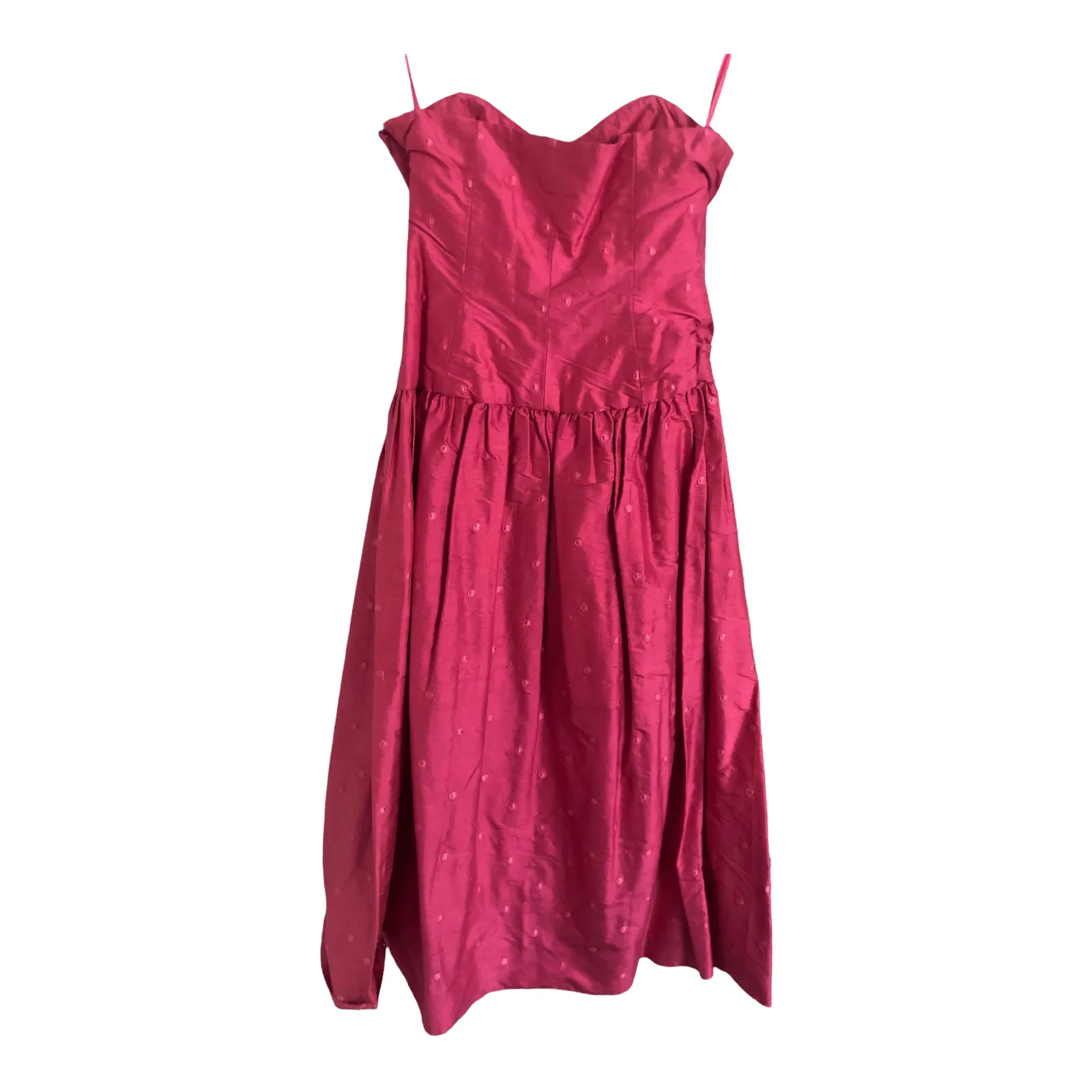 S.W.10 London Vintage 100% Raw Silk Embroidered Strapless Sleeveless Midi Cocktail Dress Pink Circle Print UK Size 10