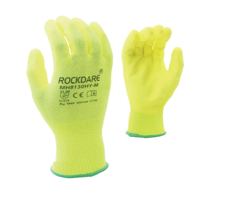 TASK GLOVES - 13 Gauge Hi-Vis Yellow Gloves, Polyester shell, Yellow Polyurethane palm coated- VEND PACKAGING - Quantity 12 Pair