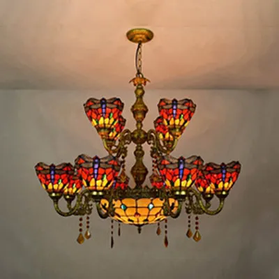 Tiffany Style Stained Glass Dragonfly 13-Light Dome Hanging Lamp - Jewel Inverted Chandelier for Living Room