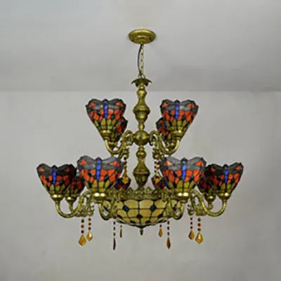 Tiffany Style Stained Glass Dragonfly 13-Light Dome Hanging Lamp - Jewel Inverted Chandelier for Living Room