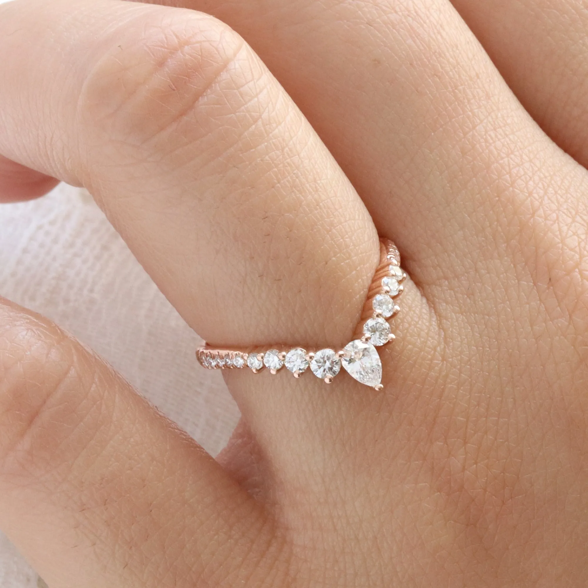 Wishbone Diamond Wedding Ring in Deep V Shaped Pave Band